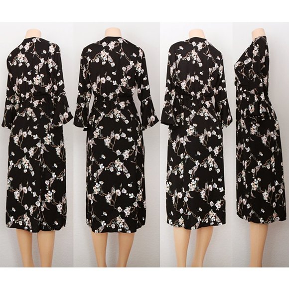 NEW Black Floral Bird Wrap V Neck Slit Midi Dress - Picture 7 of 8